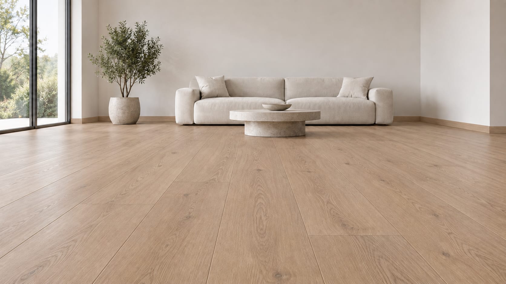 Sala luminosa con piso SPC ZOE París Terra instalado y mobiliario en tonos claros
